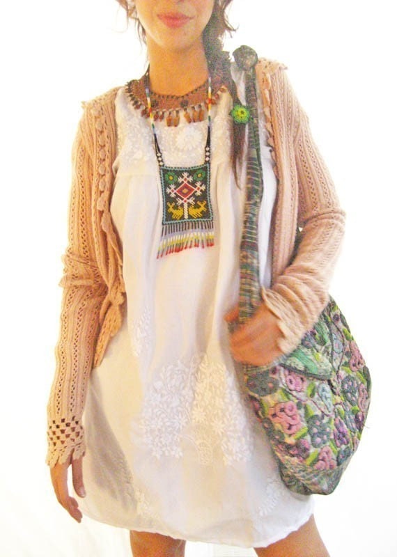 Off White hip vintage 60's hippie bohemian romantic Mexican Embroidered dress white M XXL