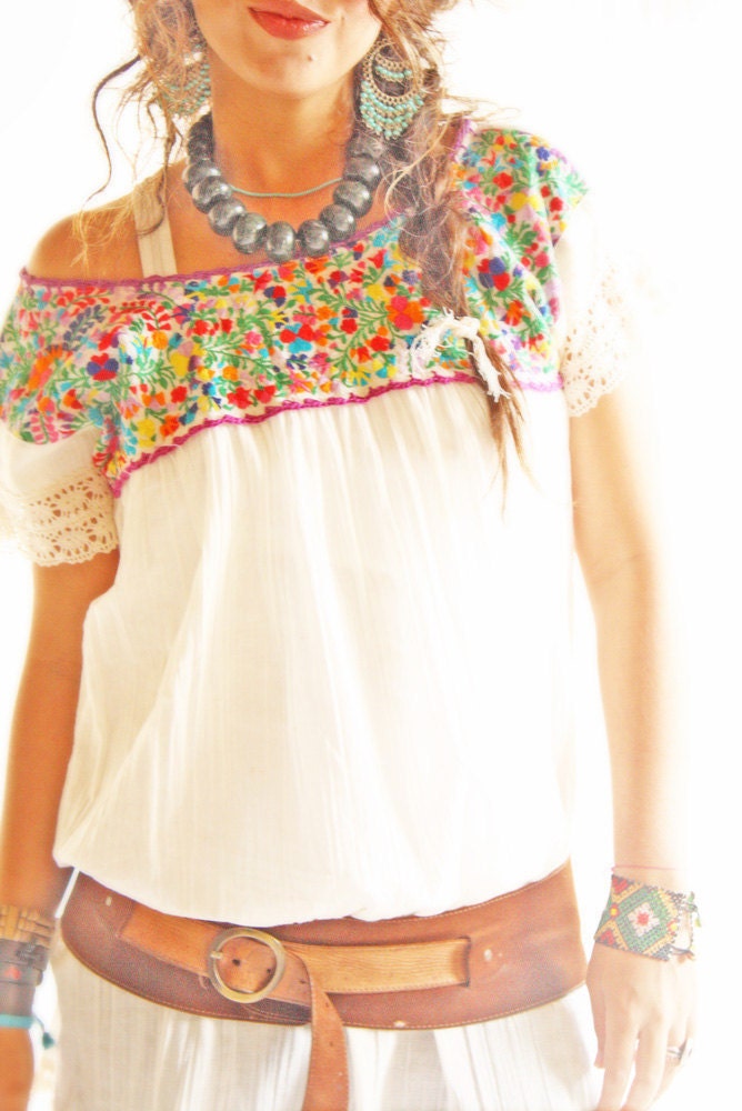 Mariana Mexican embroidered blouse intricate floral crochet off shoulder neck