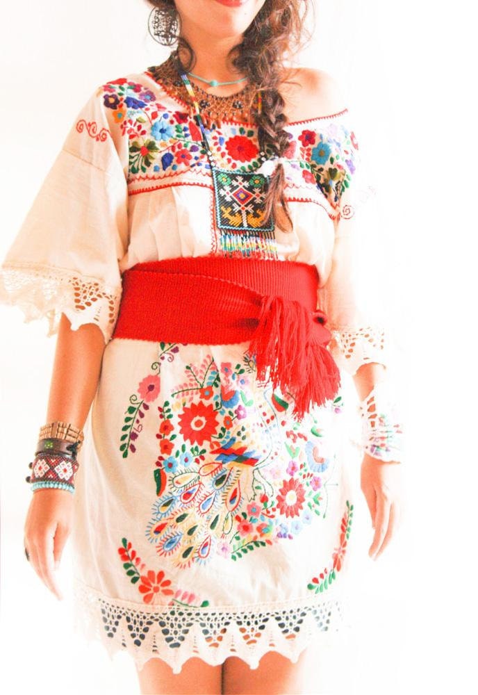 Vintage Romantic crochet lace Mexican dress peacock embroidered wedding fiesta
