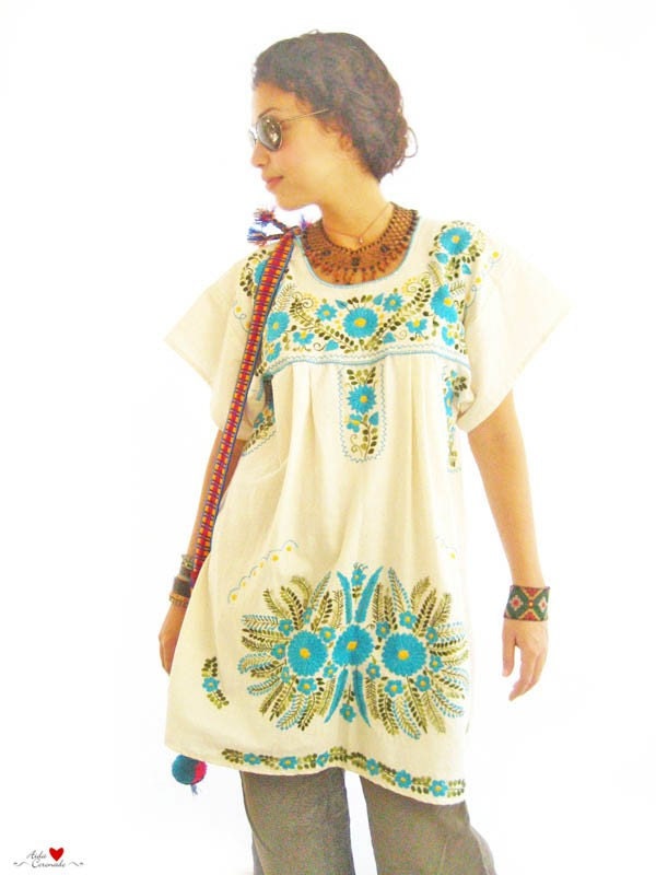 Turquoise Ocean Peace embroidered tunic Mexican embroidered dress unique pieces