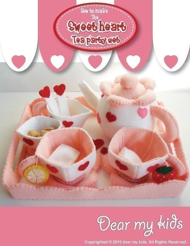 Sweet Heart Tea Party Set - PDF Patterns (Tea pot, tea cup, saucer, milk pot, sugar pot, tea spoon, tea bag, cubic sugar)