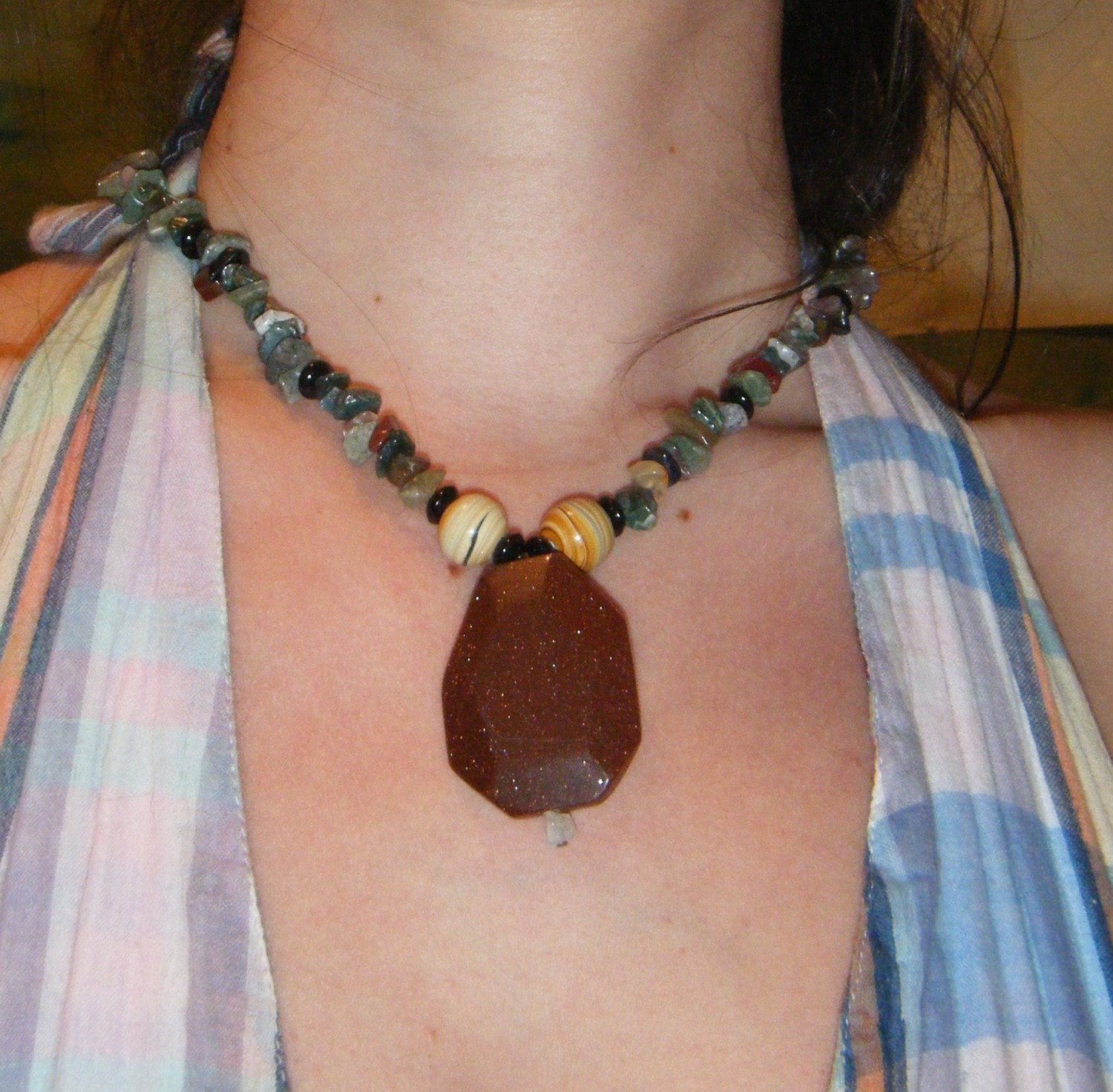 Jasper And Goldstone Pendant Necklace Hippie Style