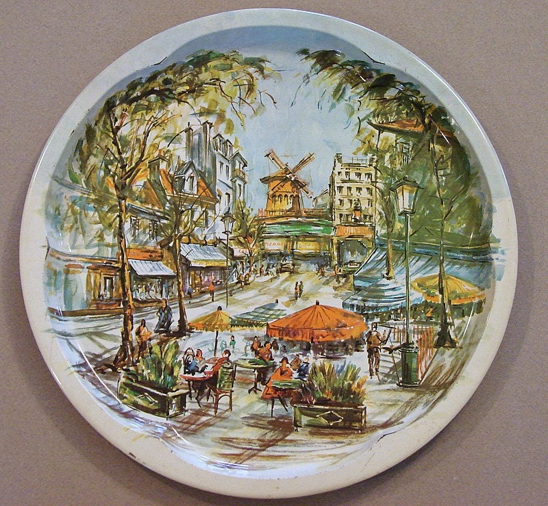 Vintage Daher Metal Serving Tray Street Cafe Scene