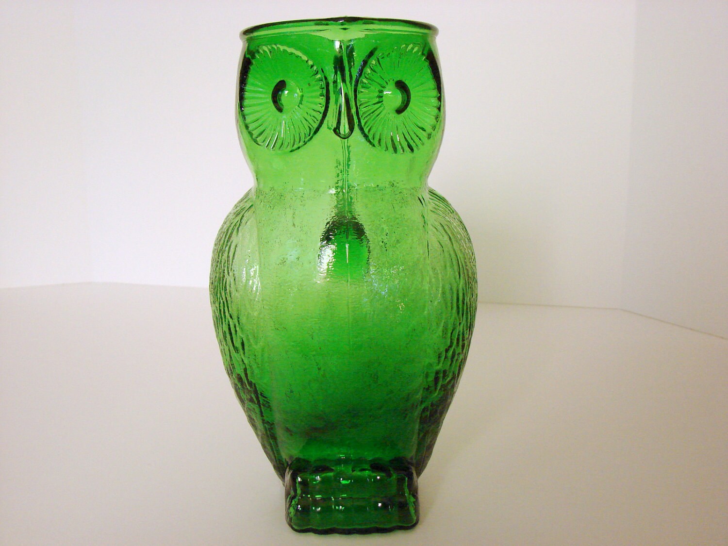 Green Glass Owl Pitcher Vintage Serving Barware by sassboxclassics