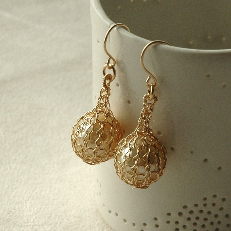 Pearl dangle earrings , ivory faux pearls , gold filled, crochet, pearl jewelry June