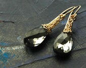 Gray crystal long dangl earrings in wire crochet gold filled