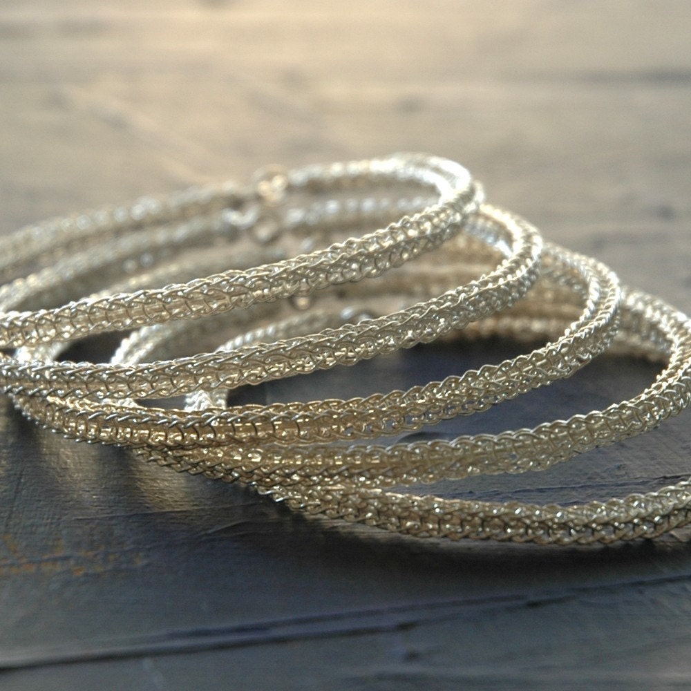 Sterling silver bangle bracelets , three 3 bangles, wire crochet