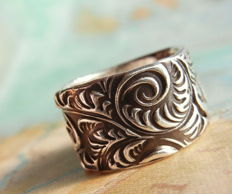 Vintage Engraving Pattern Ring, Eco Friendly Jewelry, Ever After Fine Silver Ring, Oxidized Metal, Custom Ring 4 5 6 7 8 9 10 11 12 13 14 15