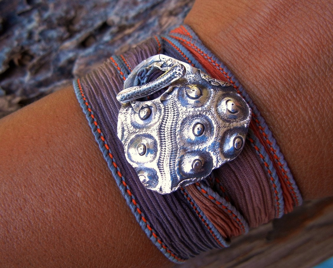 Silk Ribbon Wrap Bracelet, Fine Silver Mother Nature Texture Clasp, Yoga Jewelry Wrist Wrap, Nautical Jewelry, HappyGoLicky Original Art