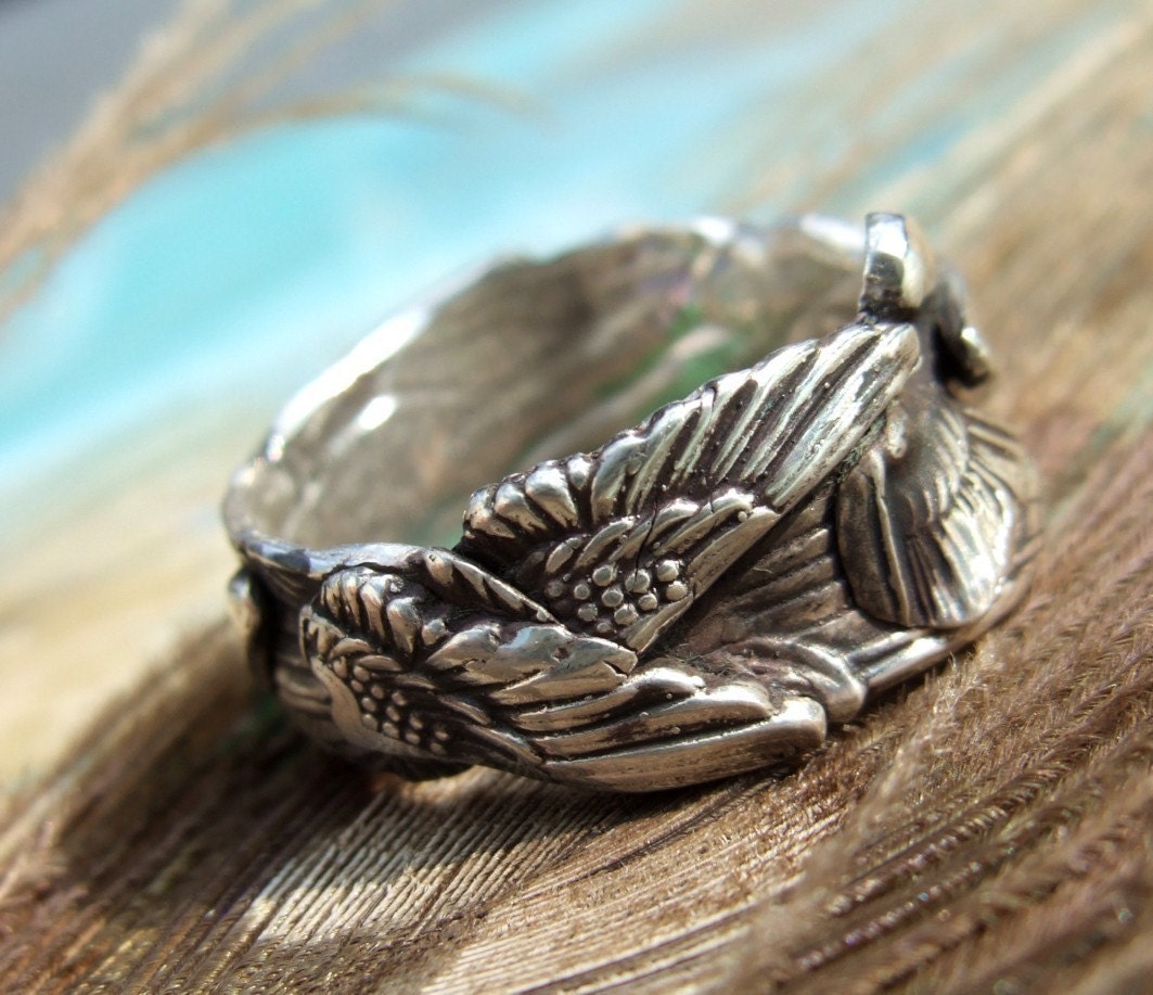 Unique Silver Jewelry, Silver Ring, Gathered Wings, Custom Size Ring in Oxidized Fine Silver, Whole Half Sizes 4 5 6 7 8 9 10 11 12 13 14 15