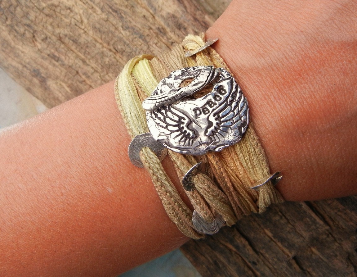 Angel Wings Jewelry, Silk Wrap Bracelet, Inspirational Quote Jewelry, Peace, Silver Toggle on Hand Dyed Silk Ribbon Bracelet, Yoga Wrap