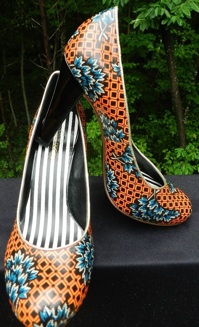 vintage funky pattern 80s styles round toe Orange diamond Blue flowers 6.5M sexy 4 inch heels
