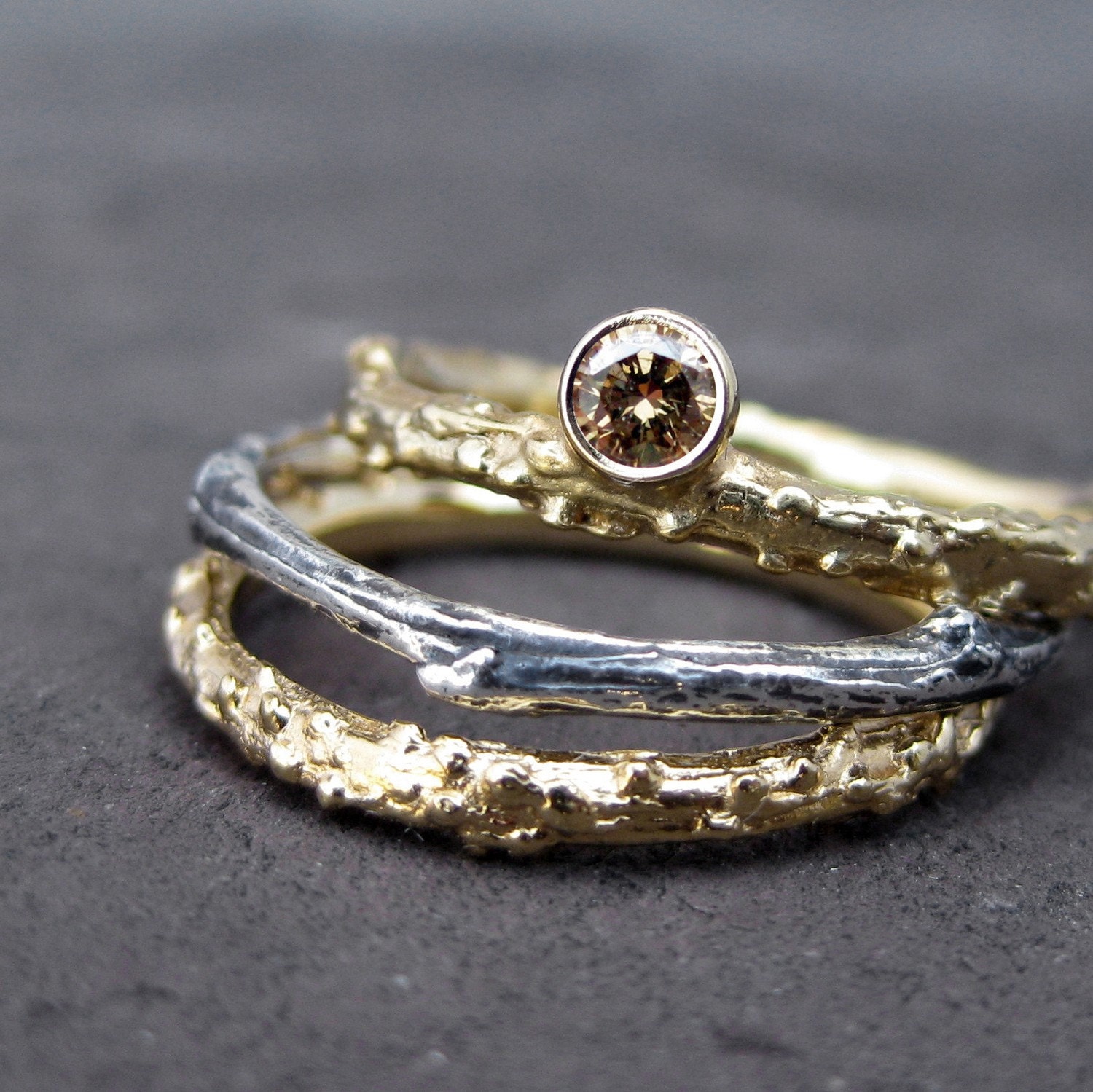 Chocolate Diamond Twig Solitaire in Recycled 14k Yellow or White Gold