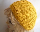 Golden Cabled Slouchy Hat - Chunky Hand Knit Tam - Original Design