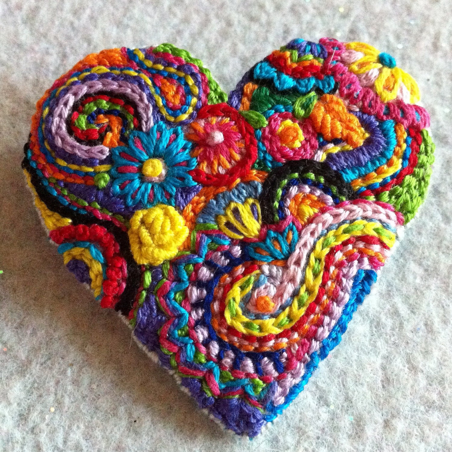 Freeform embroidery bright floral Heart brooch