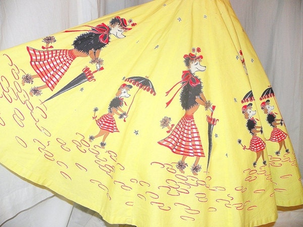 1950's Yellow NOVELTY Print POODLES With Umbrellas Skirt Vintage 50's Poodle Print Dress Skirt Rockabilly Couture Bombshell Circle Skirt