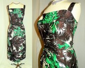1950's Silk Bold Green TROPICAL Hawaiian Orchid Print Wiggle Dress Vintage 50's Exotic Ruched Draped Bombshell Couture Cocktail Party Dress