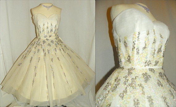RESERVED For Erin 1950's White Silk Tulle SEQUIN Party Dress Vintage 50's Bridal Couture Formal Bombshell Gown Cocktail Wedding Dress