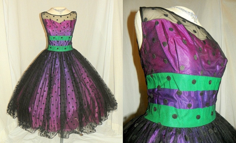 1950's Purple And Green Taffeta FLOCKED Tulle Polka Dot Net Dress Vintage 50's Polka Dot Illusion Couture Mad Men Party Dress
