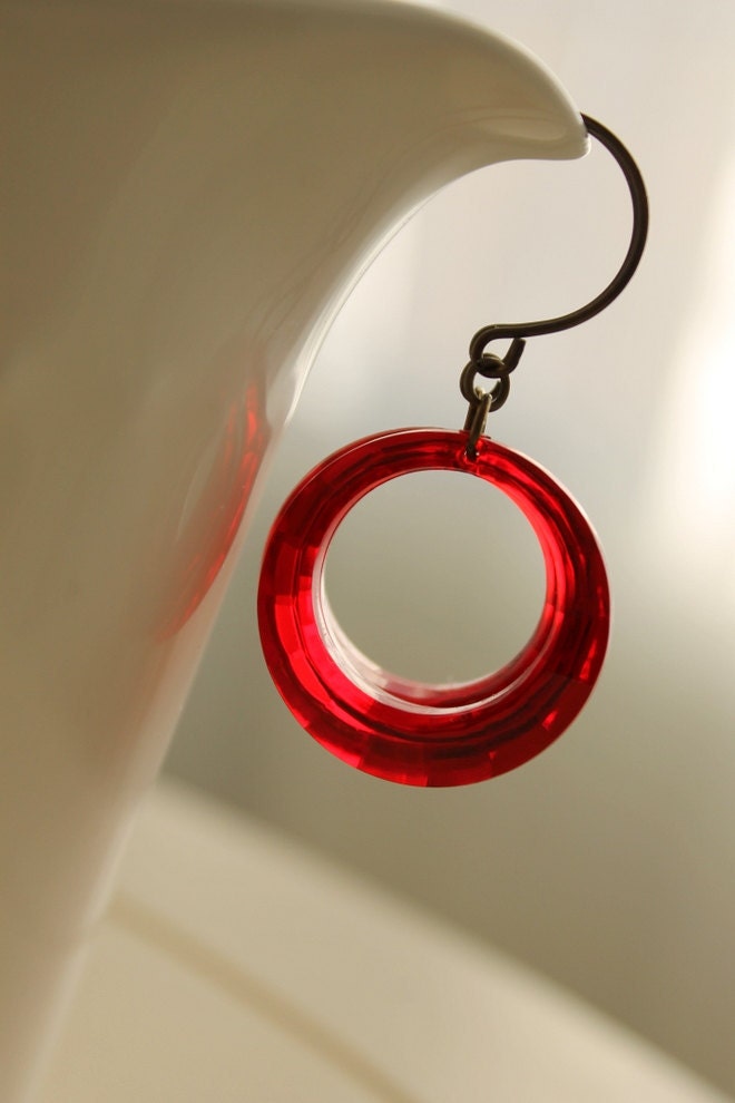 Red Hoop Earrings, Retro, Red Hot, Vintage Hoop Earrings, Geometric, Christmas