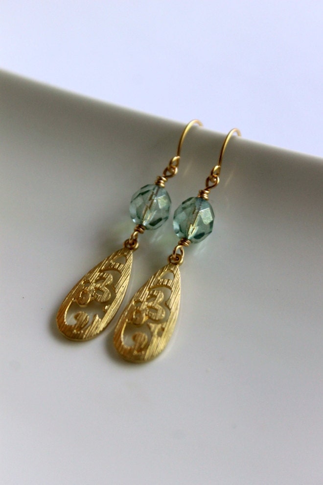 Teardrop Dangle Earrings, Gold Plated, Green Mist Glass