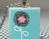 Pendant SCRIBBLE FLOWER (blue) - Necklace Charm handmade with Scrabble Wood Tile ... Jewelry Art by Pieces Of Me Pendants