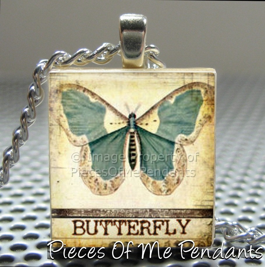 Pendant BLUE BUTTERFLY - Necklace Charm handmade with Scrabble Wood Tile ... Jewelry Art by Pieces Of Me Pendants