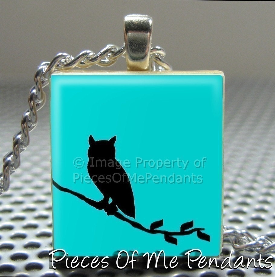 Pendant OWL SILHOUETTE - Necklace Charm handmade with Scrabble Wood Tile ... Jewelry Art by Pieces Of Me Pendants
