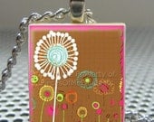 Pendant  FUNKY FLORAL GARDEN - Necklace Charm handmade with Scrabble Wood Tile ... Jewelry Art by Pieces Of Me Pendants