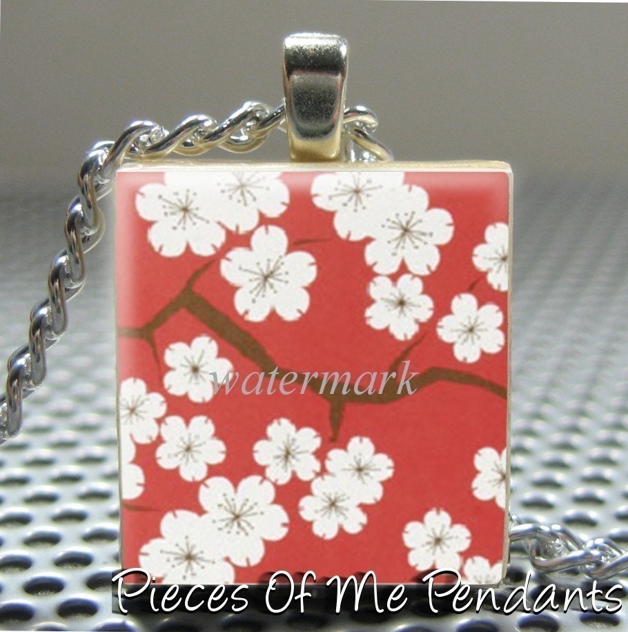 Pendant WHITE BLOSSOMS (Red)- Necklace Charm handmade with Scrabble Wood Tile ... Jewelry Art by Pieces Of Me Pendants