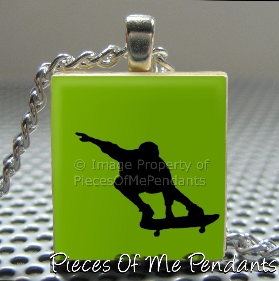 Pendant SKATEBOARDER (your color choice) - Necklace Charm handmade with Scrabble Wood Tile ... Jewelry Art by Pieces Of Me Pendants