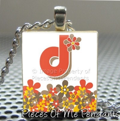 Pendant RETRO FLOWERS INITIAL (your choice) - Necklace Charm handmade with Scrabble Wood Tile ... Jewelry Art by Pieces Of Me Pendants