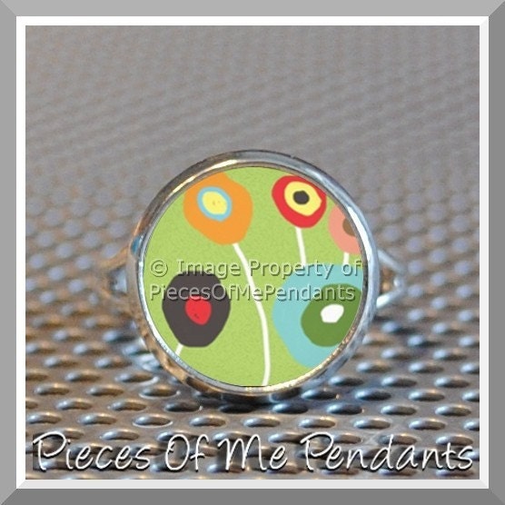 Adjustable Ring ABSTRACT POPPIES or Choose Your Design - Silver Plated ... handmade Jewelry Art by Pieces Of Me Pendants
