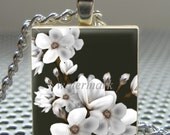 Pendant WHITE BLOSSOMS on BLACK - Necklace Charm handmade with Scrabble Wood Tile ... Jewelry Art by Pieces Of Me Pendants