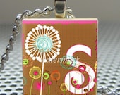 Pendant FUNKY FLORAL GARDEN Initial - Necklace Charm handmade with Scrabble Wood Tile ... Jewelry Art by Pieces Of Me Pendants