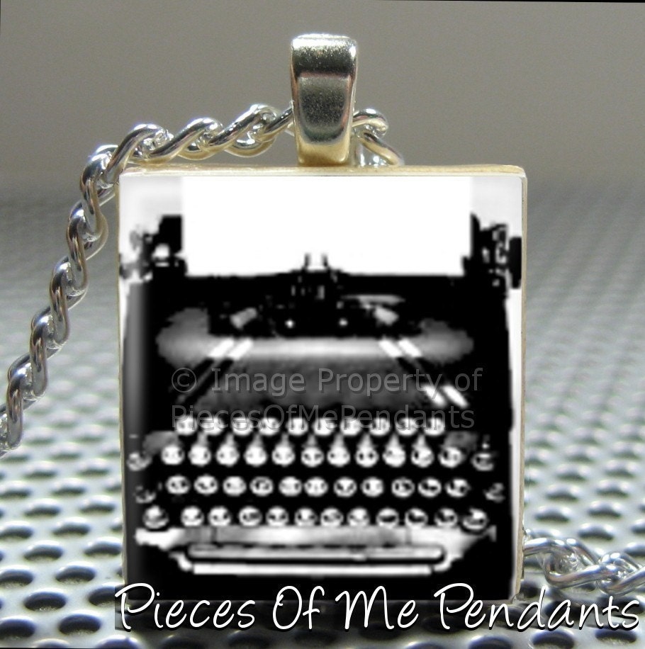 Pendant VINTAGE TYPEWRITER - Necklace Charm handmade with Scrabble Wood Tile ... Jewelry Art by Pieces Of Me Pendants