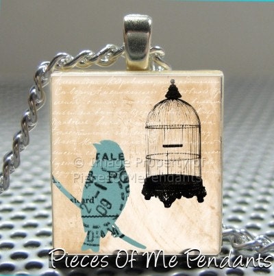 Pendant BLUE BIRD with CAGE - Necklace Charm handmade with Scrabble Wood Tile ... Jewelry Art by Pieces Of Me Pendants
