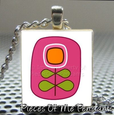 Pendant PINK RETRO FLOWER - Necklace Charm handmade with Scrabble Wood Tile ... Jewelry Art by Pieces Of Me Pendants