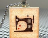 Pendant SEWING Machine Love (brown background) - Necklace Charm handmade with Scrabble Wood Tile ... Jewelry Art by Pieces Of Me Pendants