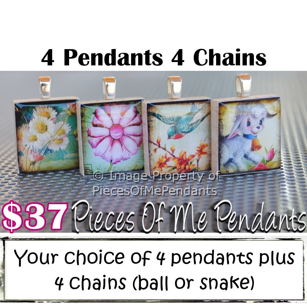WHOLESALE GIFT SETS - 4 Scrabble Pendants, 4 Chains, 4 Gift bags ... Scrabble Necklaces Wholesale Gift Sets