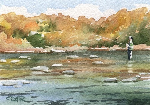 FLY FISHING / Shallow Water Watercolor Signed Fine Art Print by Artist DJ Rogers