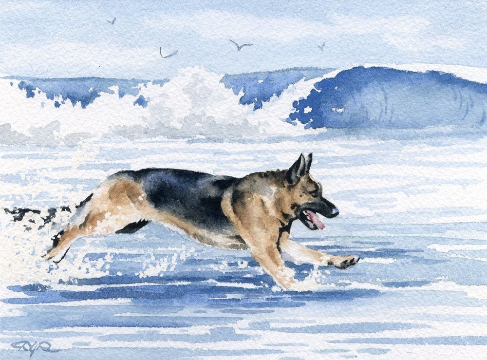 GERMAN SHEPHERD At The Beach Dog Signed Art Print by Artist DJ Rogers