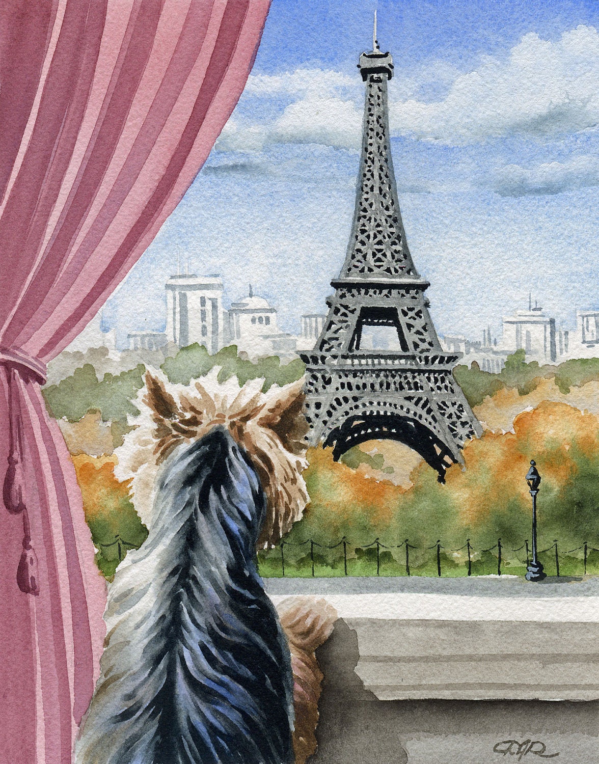 YORKSHIRE TERRIER In Paris Dog Watercolor Art Print Signed by Artist DJ Rogers