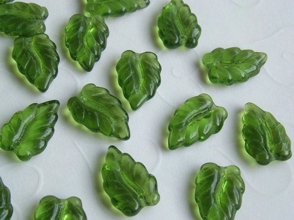 25 pieces of Czech Glass Leaf Beads in Olive Green Color -- 16x10mm