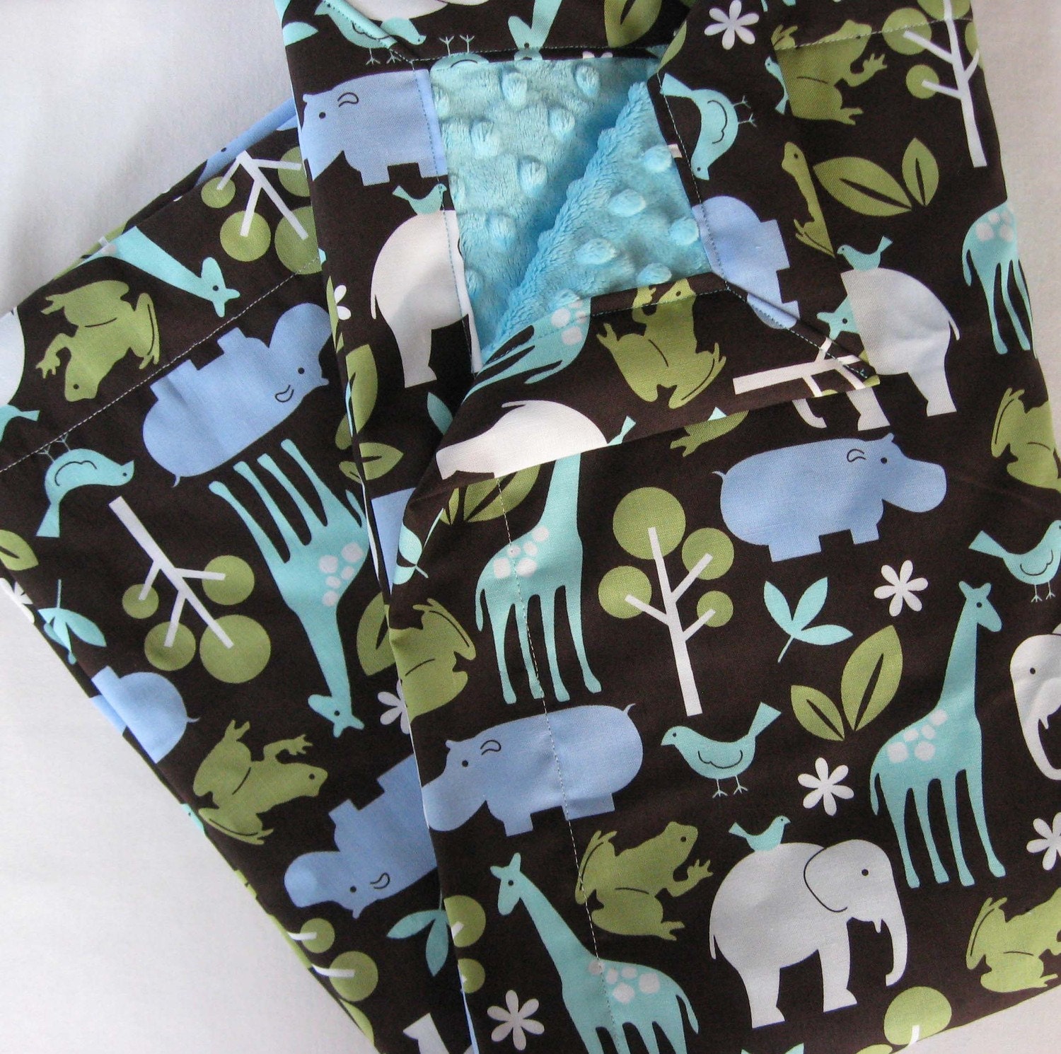 Animal Zoology and Turquoise Chenille Minky Baby to Toddler Blanket