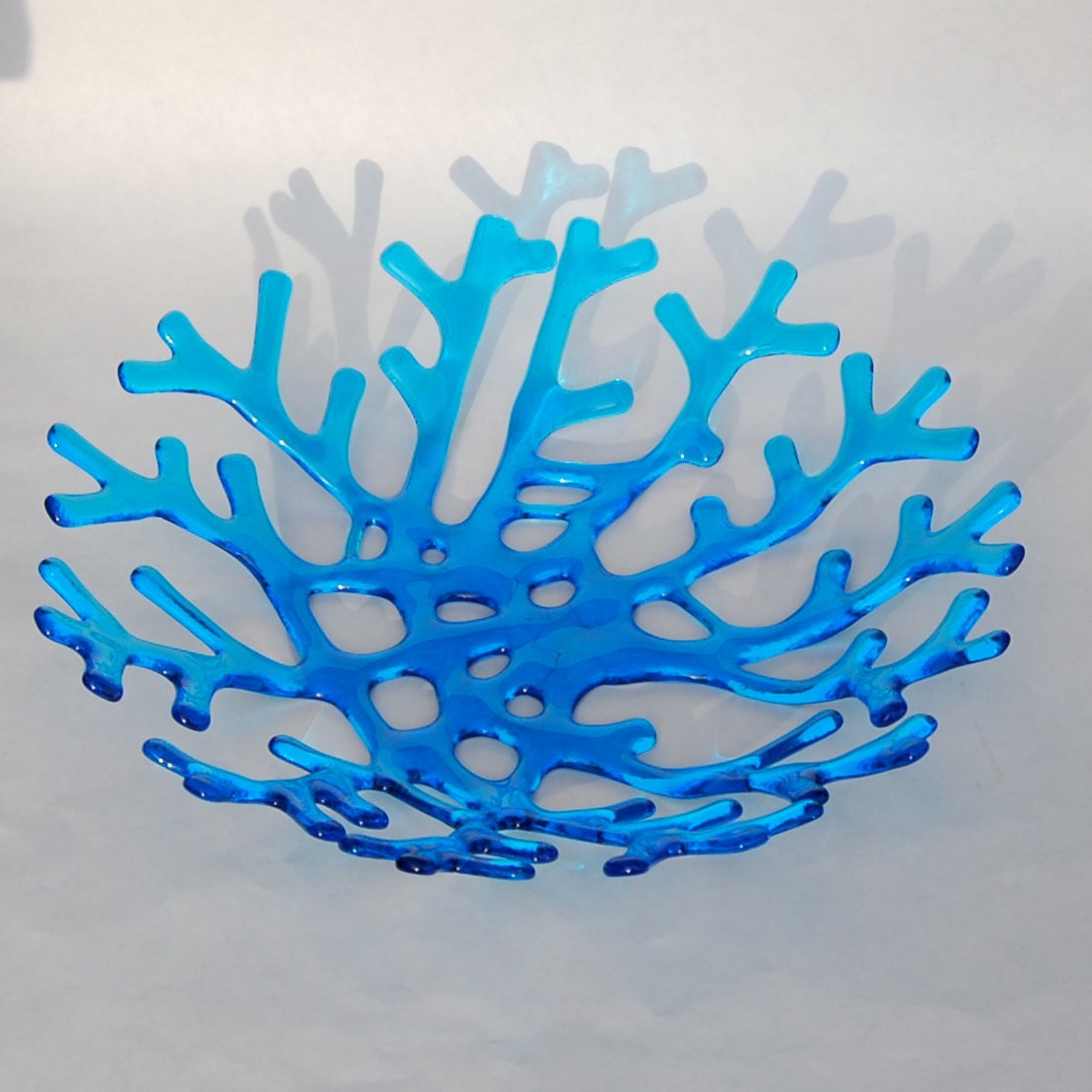Turquoise Aqua Blue Coral Bowl Fused Art Glass Sculpture - Beach Ocean Decor - Large Size