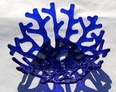 Cobalt Blue Coral Bowl Fused Glass Sculpture - Ready to Ship - Ocean Beach Cottage Decor