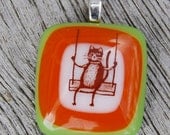 Cat on a Swing Fused Glass Pendant Handmade Jewelry