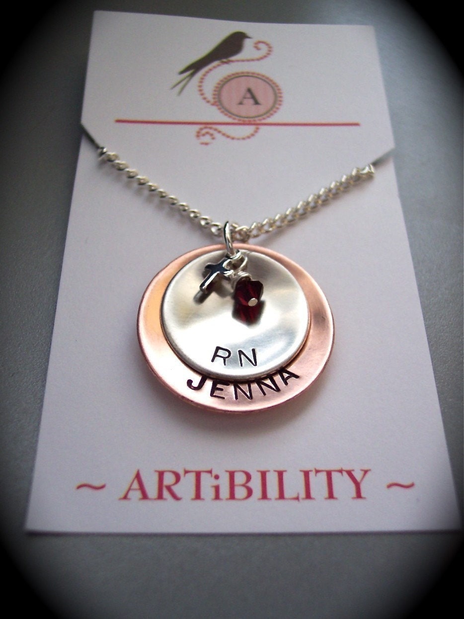 Copper and Sterling Silver Nurse RN CNA MD graduate hand stamped discs for gift