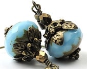 Birthstone Earrrings Blue Turquoise Earrings Birthstone Jewelry Glass earrings . Picasso Finish Faceted Glass and Antiqued Brass.